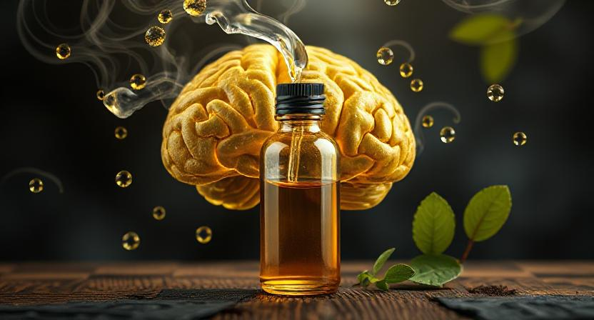 Amber glass bottle of oil tincture with a dropper, surrounded by natural herbs like bacopa, ashwagandha, gotu kola, and selfheal, symbolizing a brain-boosting formula designed to support cognitive health and promotes healthy brains